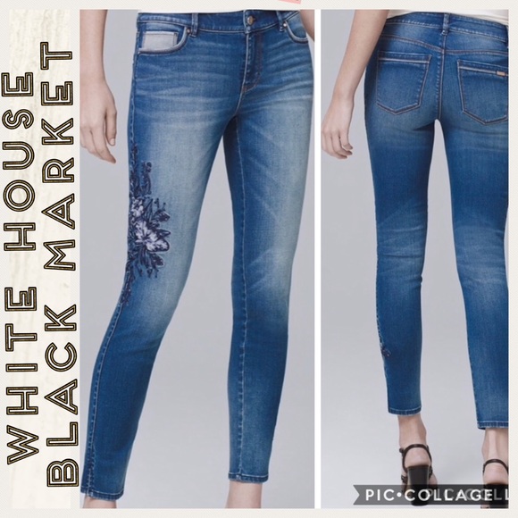 White House Black Market Denim - WHBM •The Skinny Crop Floral Embroidered Jeans •10